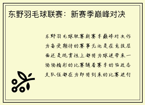 东野羽毛球联赛：新赛季巅峰对决