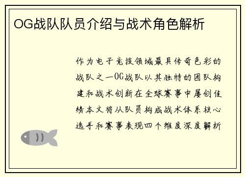 OG战队队员介绍与战术角色解析