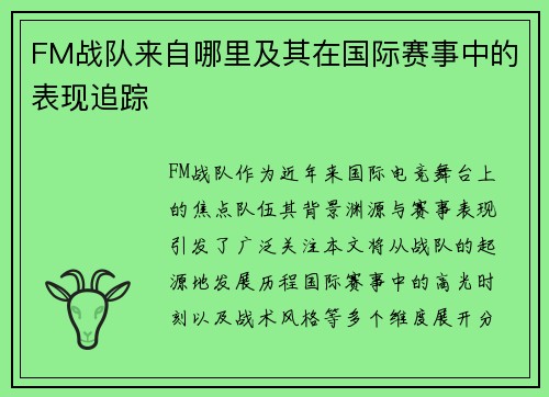 FM战队来自哪里及其在国际赛事中的表现追踪