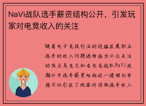 NaVi战队选手薪资结构公开，引发玩家对电竞收入的关注